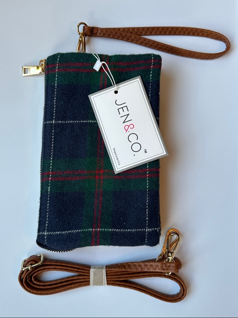 JEN& CO. Navy, Red & Green Plaid Wristlet Crossbody NWT